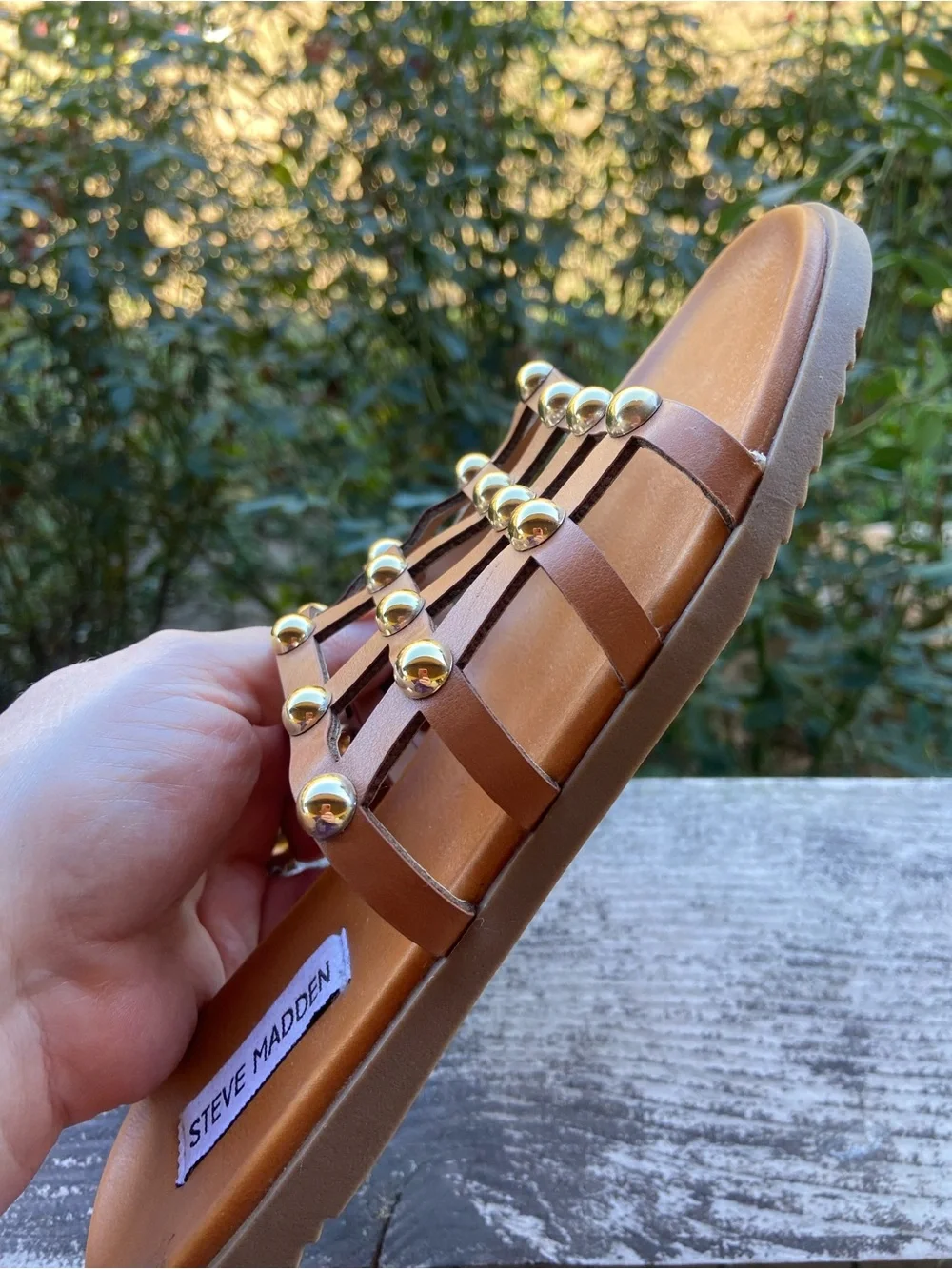 Steve Madden Brown Leather Studded Woven Slide Sandals